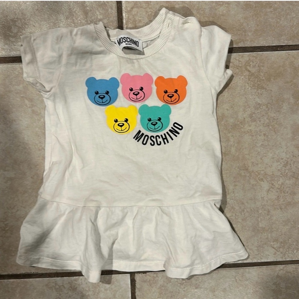 Moschino White Dress with Multicolor Bear Design